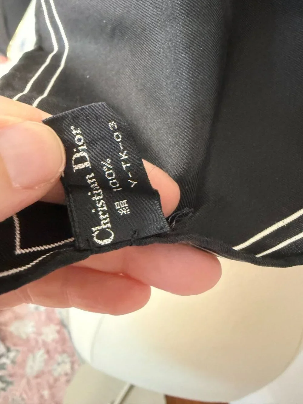 Christian Dior 100% Silk Black Ivory Floral Square Scarf